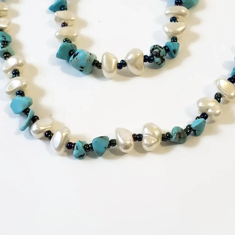 Freshwater Pearl And Turquoise Chip Boho Necklace No Clasp 60